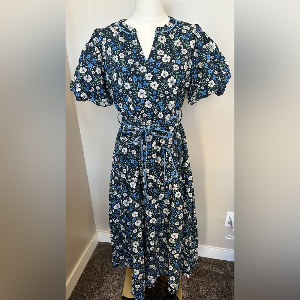 &merci Navy Blue Floral V-Neck Puff Sleeve Midi Dress Size Small - Picture 4 of 10